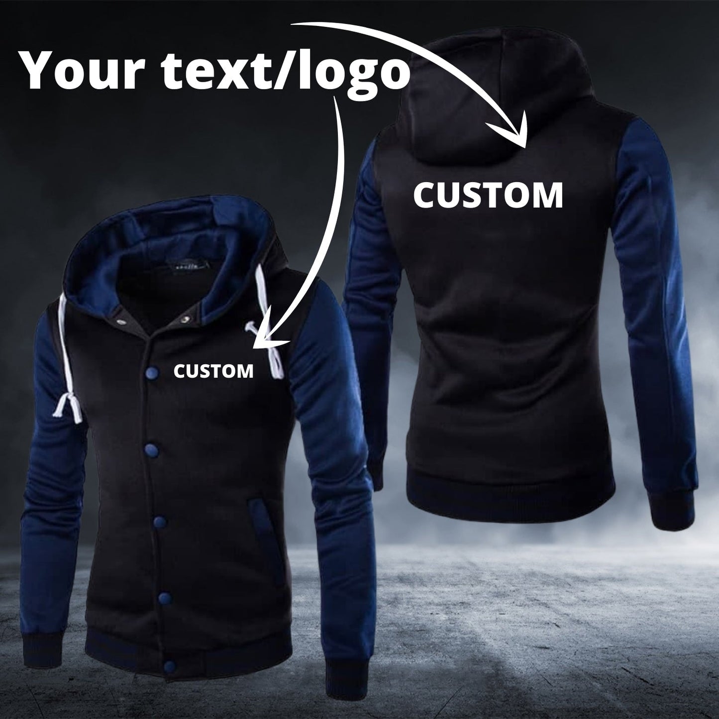 Personalized Custom Text/Logo Dark Blue Long Sleeve Baseball Hoodie - Top Content | POD Collection | Free Shipping