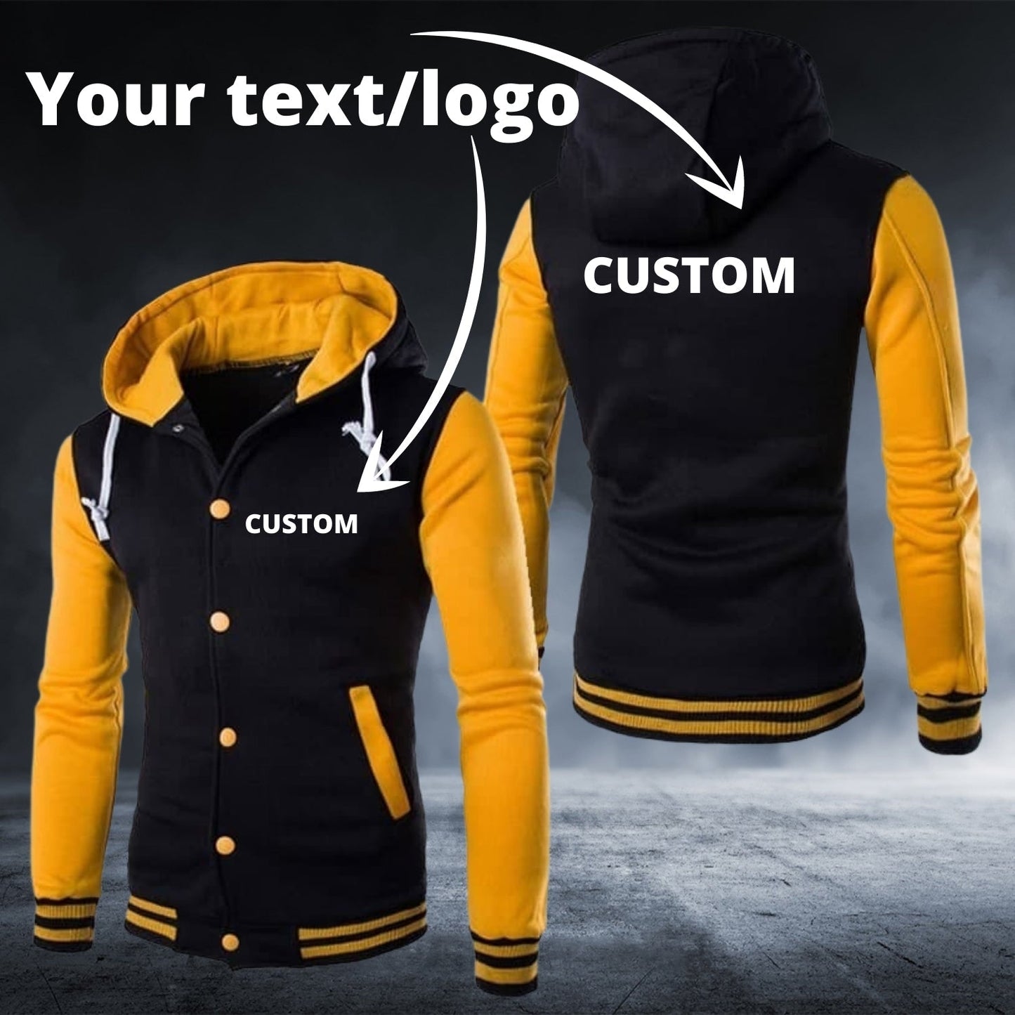 Personalised Custom Text/Logo Yellow Long Sleeve Baseball Hoodie - Top Content | POD Collection | Free Shipping