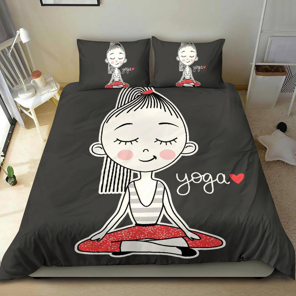 I Love Yoga, Cut Girl Doing Yoga, Lotus Position Cartoon Bedding Set - Top Content | POD Collection | Free Shipping