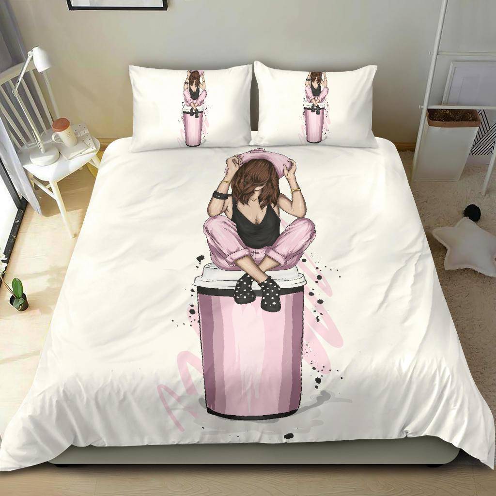 Girl with Stylish Pink Clothes and a Cup of Coffee Bedding Set - Top Content | POD Collection | Free Shipping