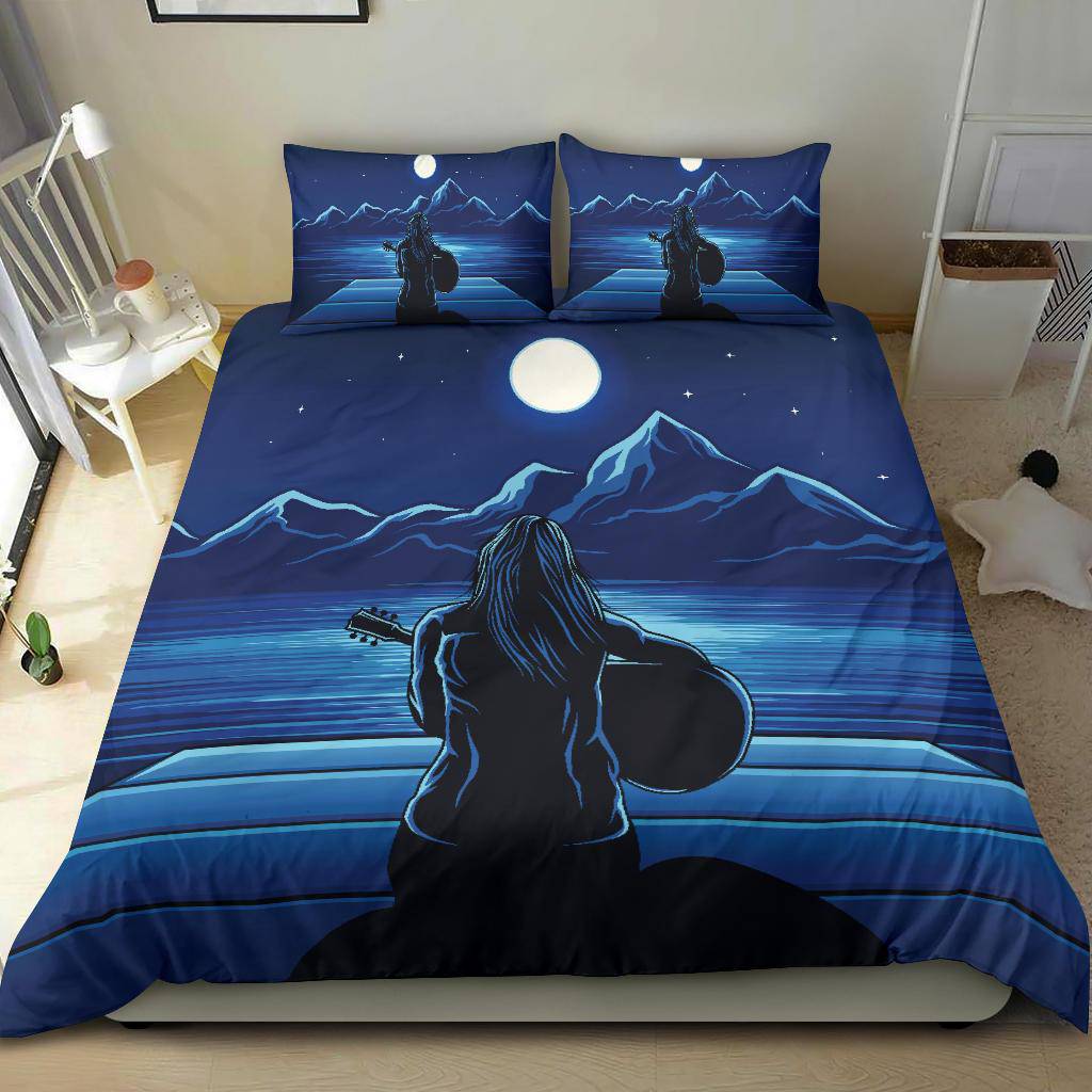 Guitarist Woman in the Moonlight, Mountain view, Sea Bedding Set - Top Content | POD Collection | Free Shipping