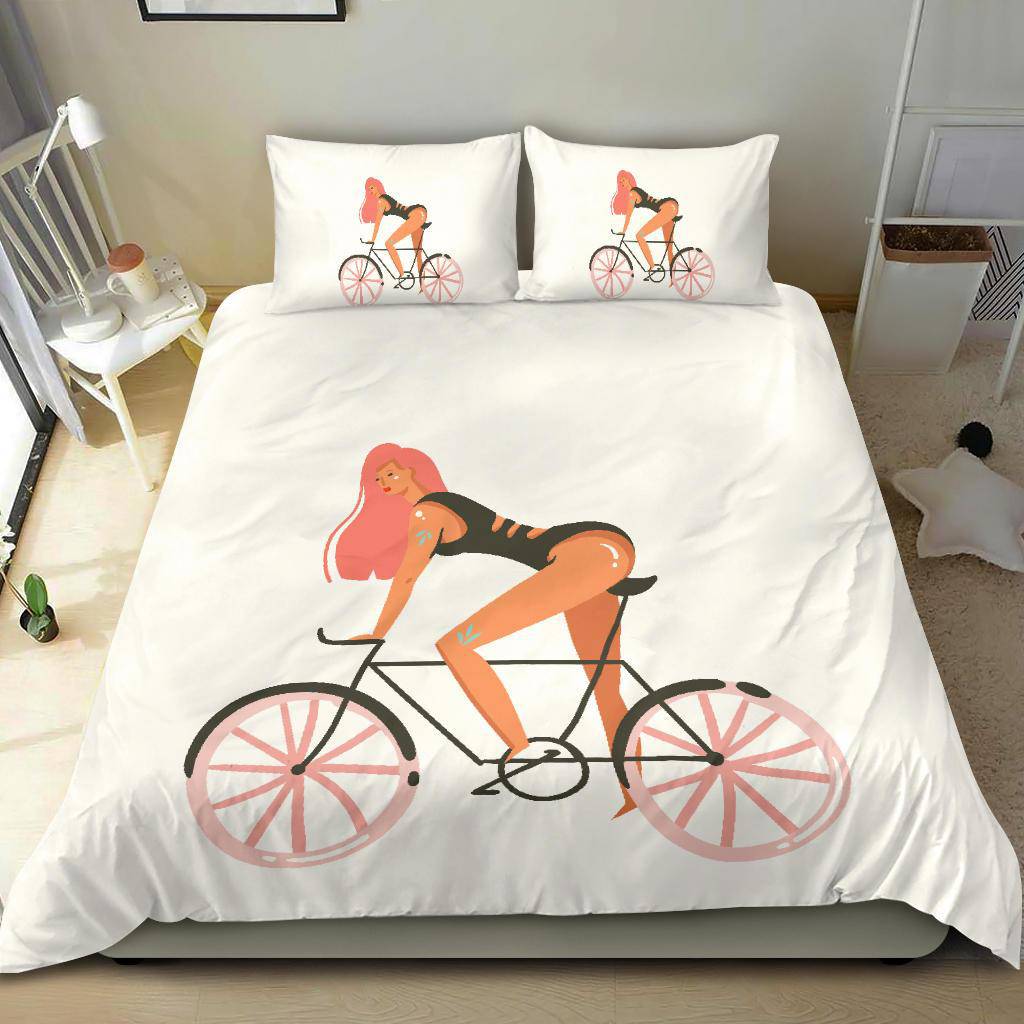 Hand Drawn Cartoon Girl with Bicycle Summer Vibes Bedding Set - Top Content | POD Collection | Free Shipping