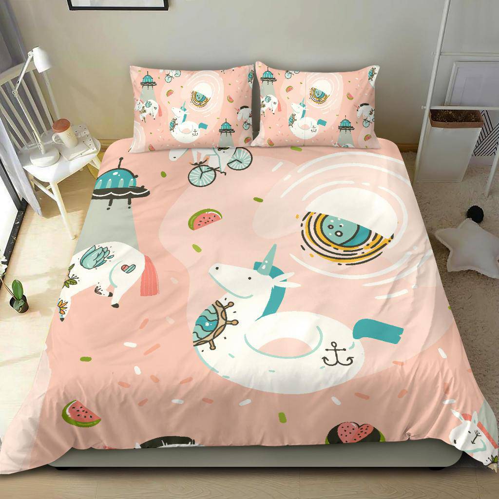 Hand Drawn Unicorn Cosmonaut Spaceship, Pink Space Bedding Set - Top Content | POD Collection | Free Shipping