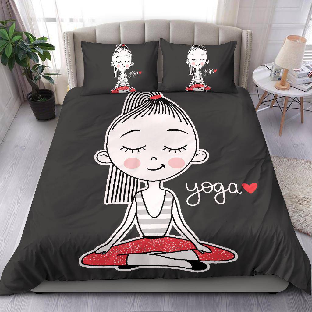 I Love Yoga, Cut Girl Doing Yoga, Lotus Position Cartoon Bedding Set - Top Content | POD Collection | Free Shipping