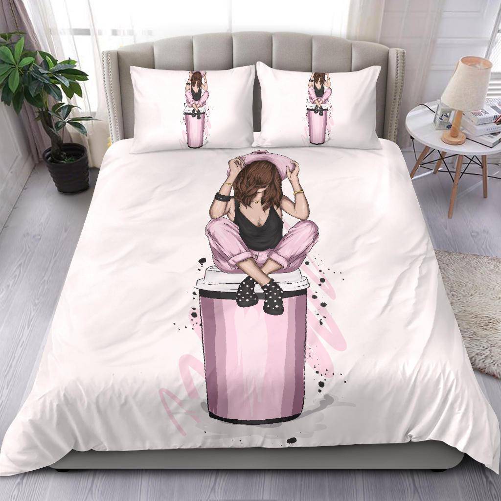 Girl with Stylish Pink Clothes and a Cup of Coffee Bedding Set - Top Content | POD Collection | Free Shipping