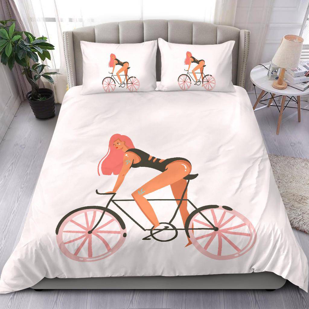 Hand Drawn Cartoon Girl with Bicycle Summer Vibes Bedding Set - Top Content | POD Collection | Free Shipping