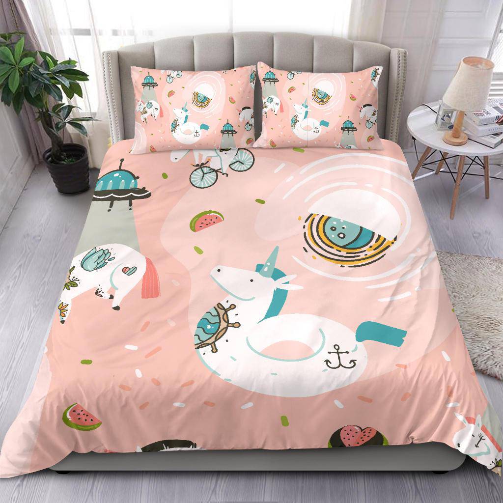 Hand Drawn Unicorn Cosmonaut Spaceship, Pink Space Bedding Set - Top Content | POD Collection | Free Shipping