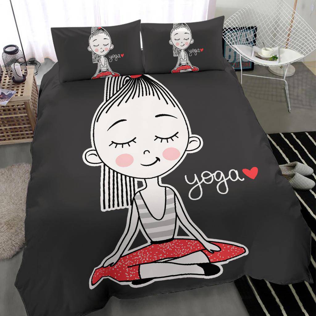 I Love Yoga, Cut Girl Doing Yoga, Lotus Position Cartoon Bedding Set - Top Content | POD Collection | Free Shipping