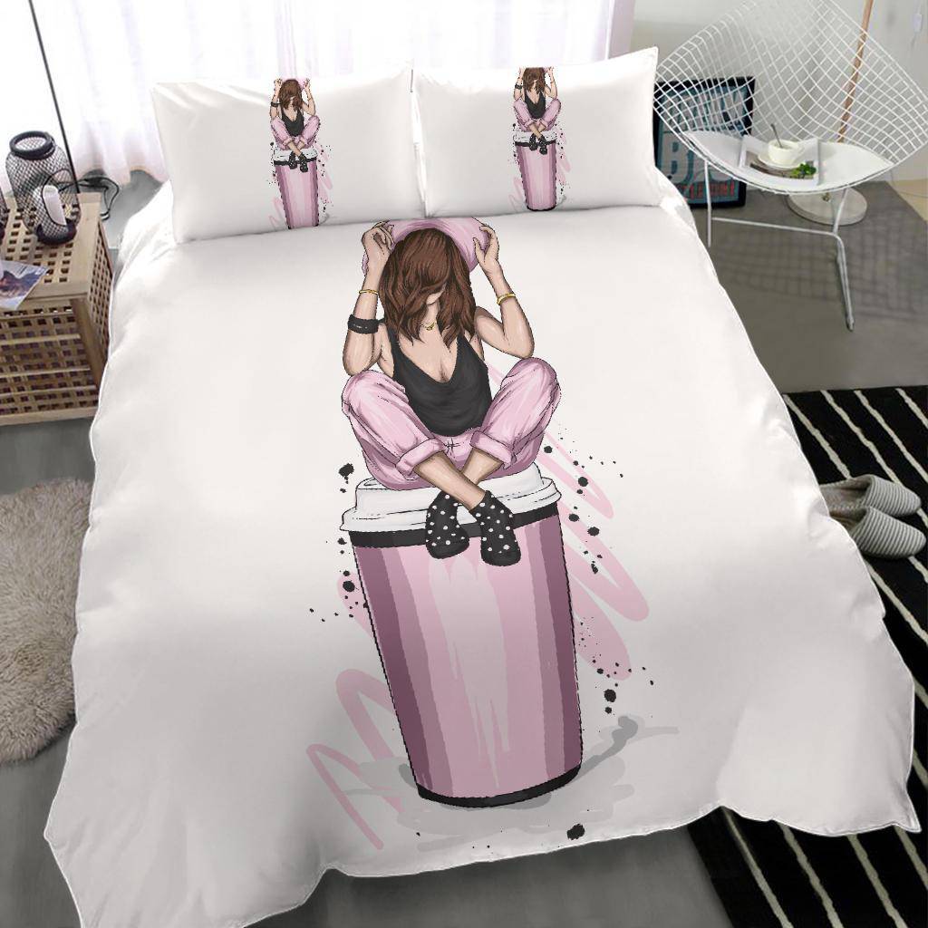 Girl with Stylish Pink Clothes and a Cup of Coffee Bedding Set - Top Content | POD Collection | Free Shipping