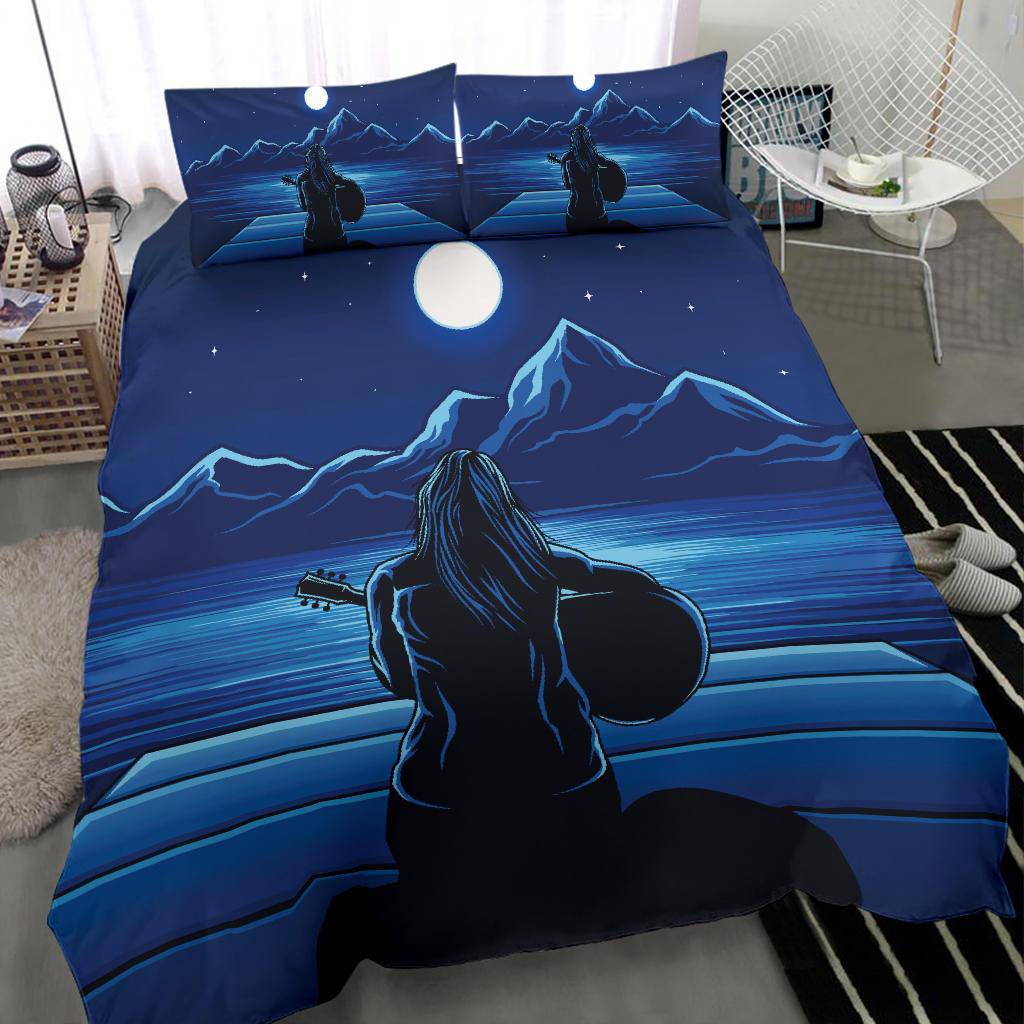 Guitarist Woman in the Moonlight, Mountain view, Sea Bedding Set - Top Content | POD Collection | Free Shipping