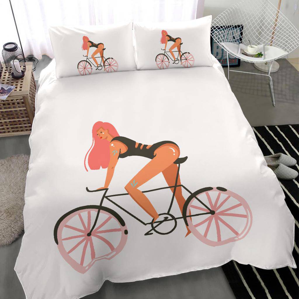 Hand Drawn Cartoon Girl with Bicycle Summer Vibes Bedding Set - Top Content | POD Collection | Free Shipping