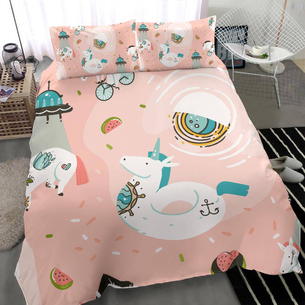 Hand Drawn Unicorn Cosmonaut Spaceship, Pink Space Bedding Set - Top Content | POD Collection | Free Shipping